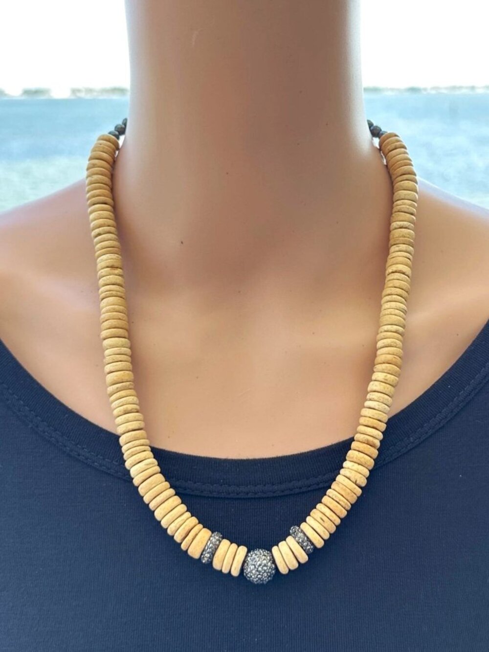 BPD Betsy Pittard Designs Necklace Wood Discs Crystal Beaded Accent Hematite Bea